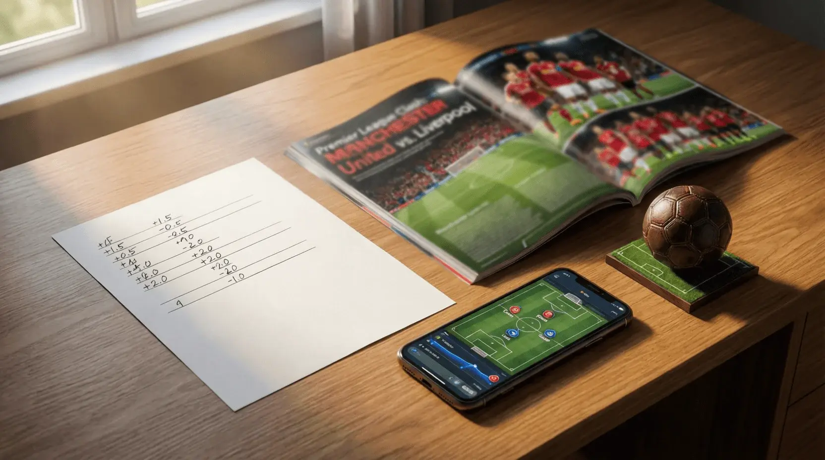 Schreibtisch mit Handicap-Berechnungen und Fußballmagazin