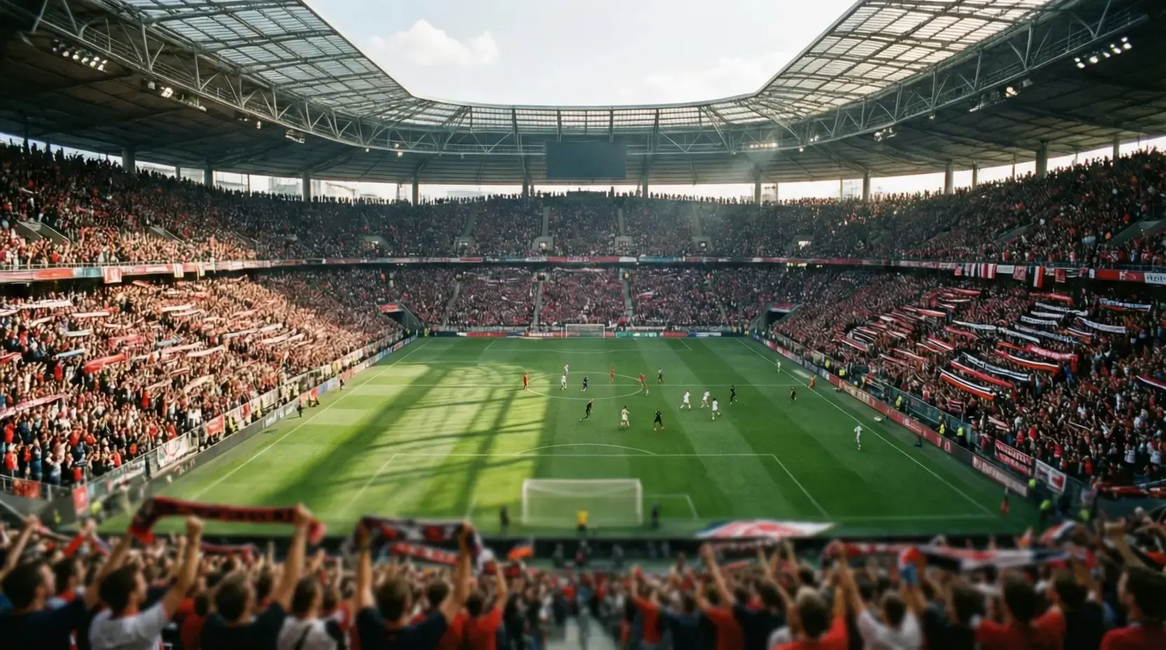 Volles Bundesliga-Stadion mit begeisterten Fans und grünem Spielfeld