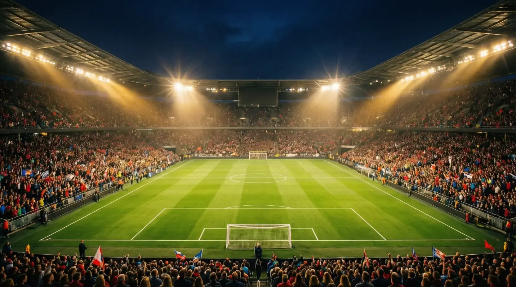 Fußballstadion bei Flutlicht mit grünem Rasen und Zuschauern auf den Rängen
