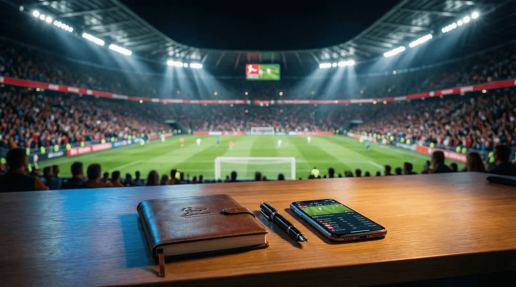 Fußballstadion bei Flutlicht mit Wettanalyse-Symbolik