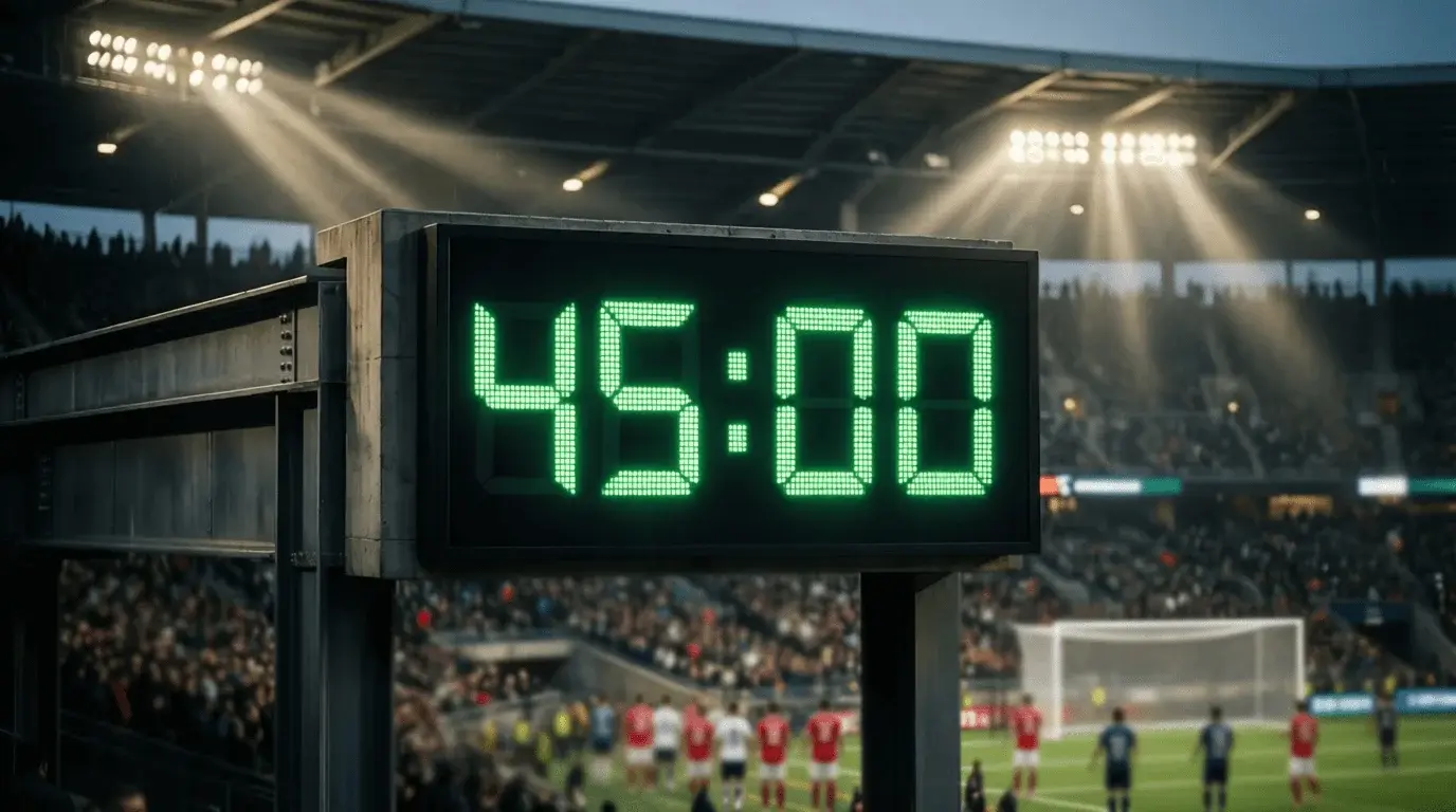 Stadionuhr zeigt Halbzeit mit Fußballspiel im Hintergrund