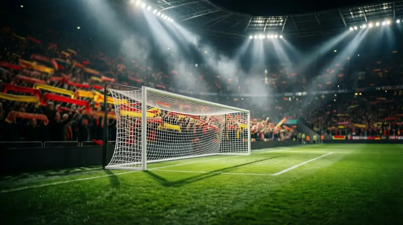 Bundesliga Stadion mit jubelnden Fans bei Flutlicht