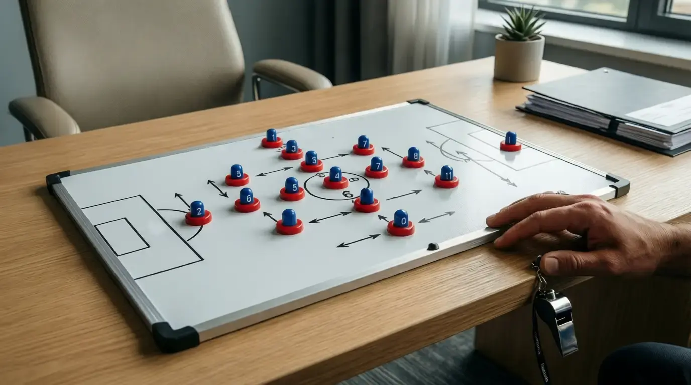 Fußball-Taktiktafel mit Spielerpositionen und Strategie