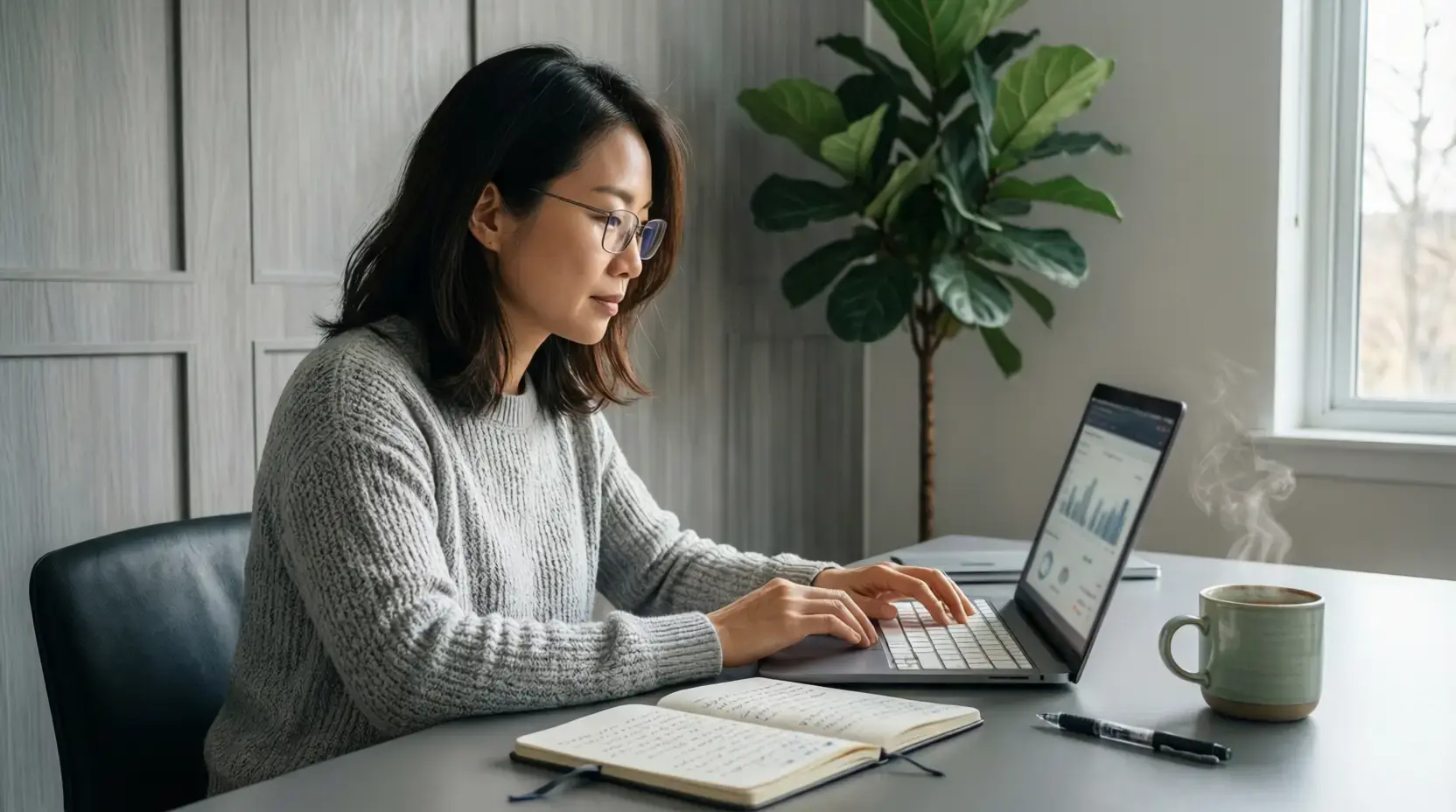 Sportanalyst berechnet Statistiken am Laptop mit Notizen