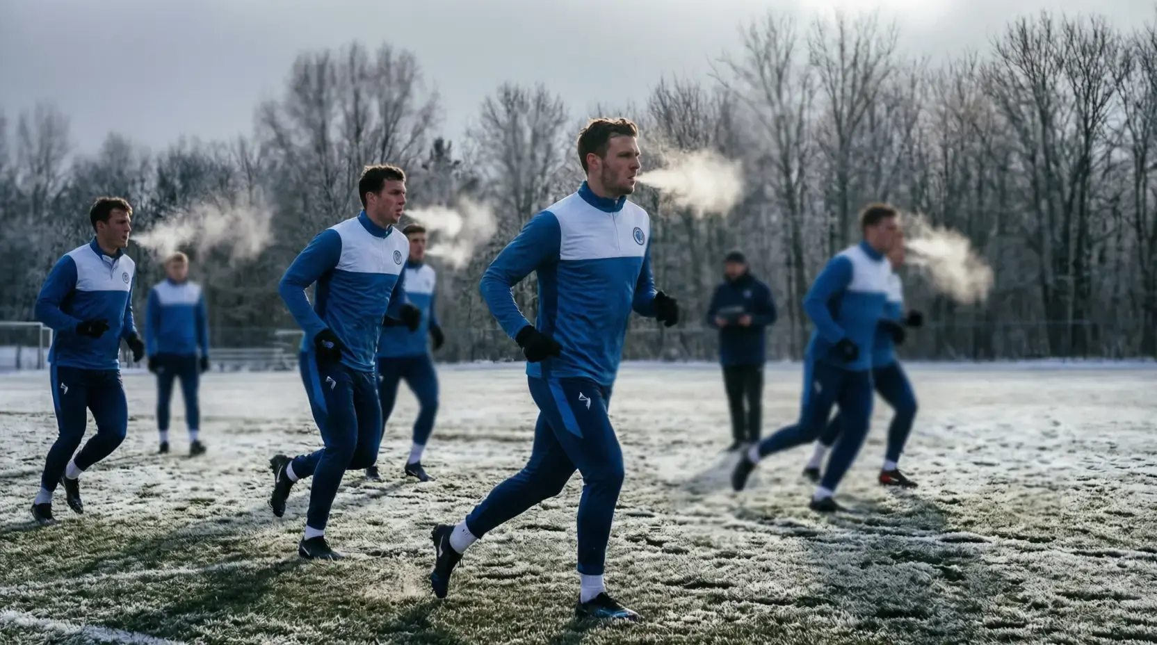 Fußballspieler in Wintervorbereitung auf verschneitem Trainingsplatz