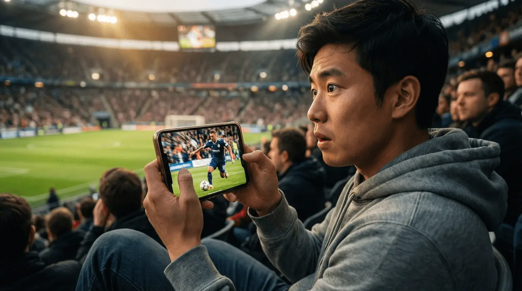 Fußballfan verfolgt Spiel live auf Smartphone im Stadion