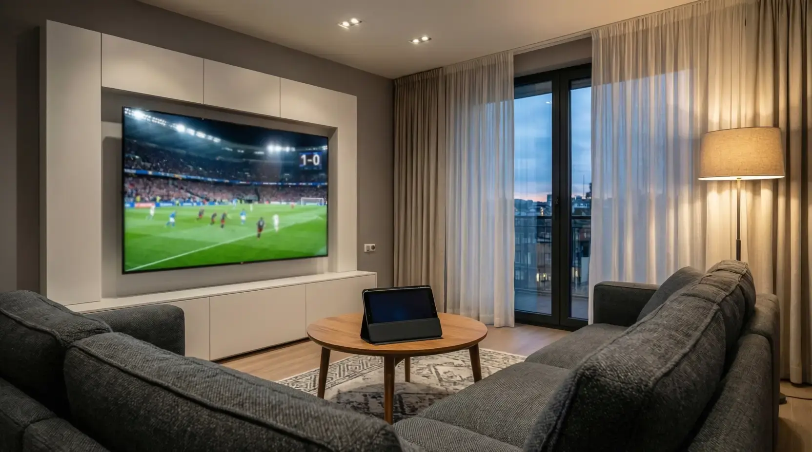 Modernes Sportwetten-Setup mit Live-Stream auf Großbildschirm