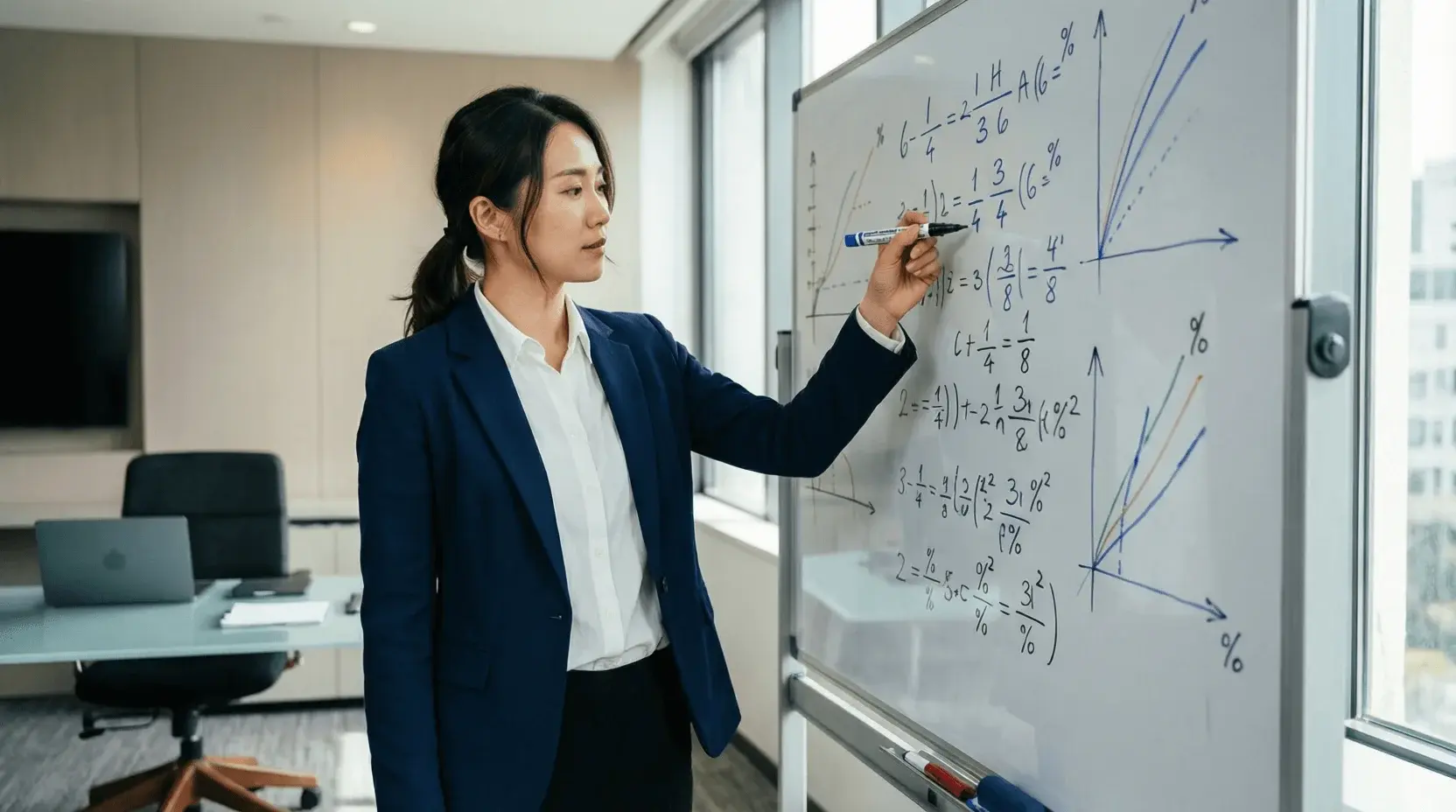 Analyst studiert Wahrscheinlichkeiten an Whiteboard mit Formeln