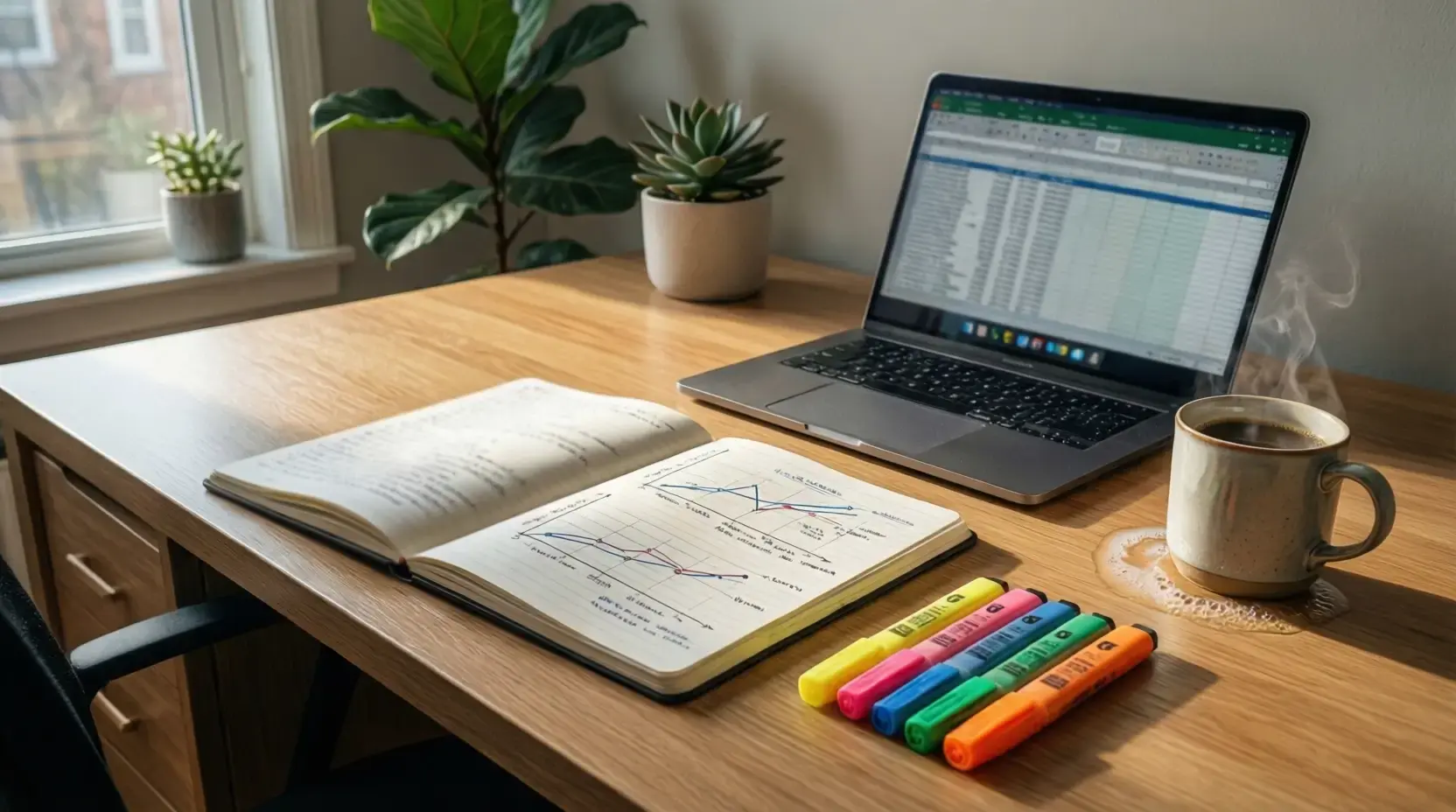 Organisierter Arbeitsplatz mit Wettanalyse-Notizbuch und Laptop