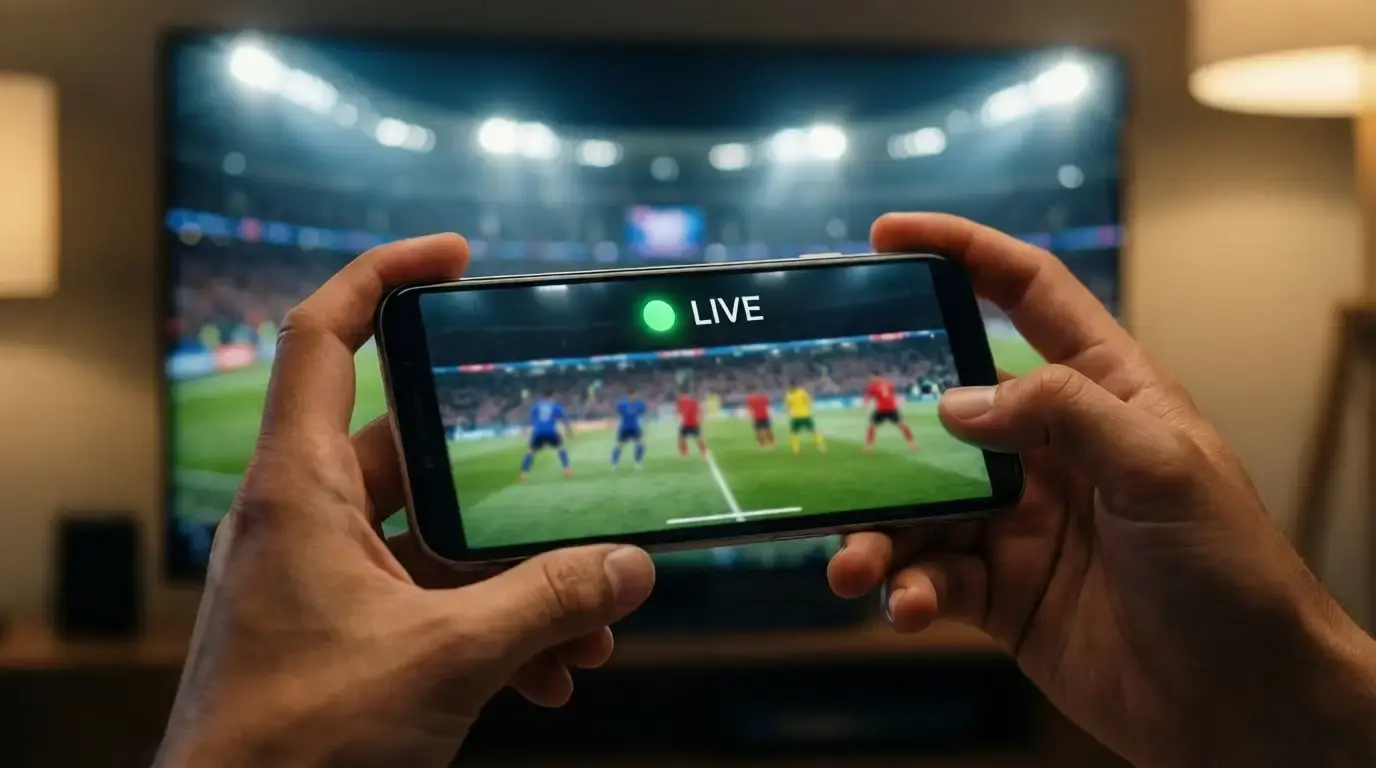 Hände halten Smartphone während eines Live-Fußballspiels im Hintergrund