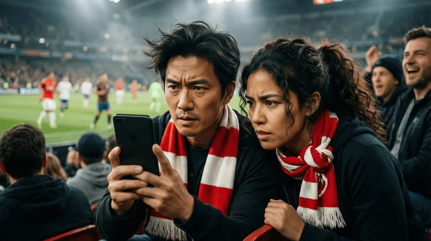 Fußballfans verfolgen Spiel im Stadion mit Smartphones