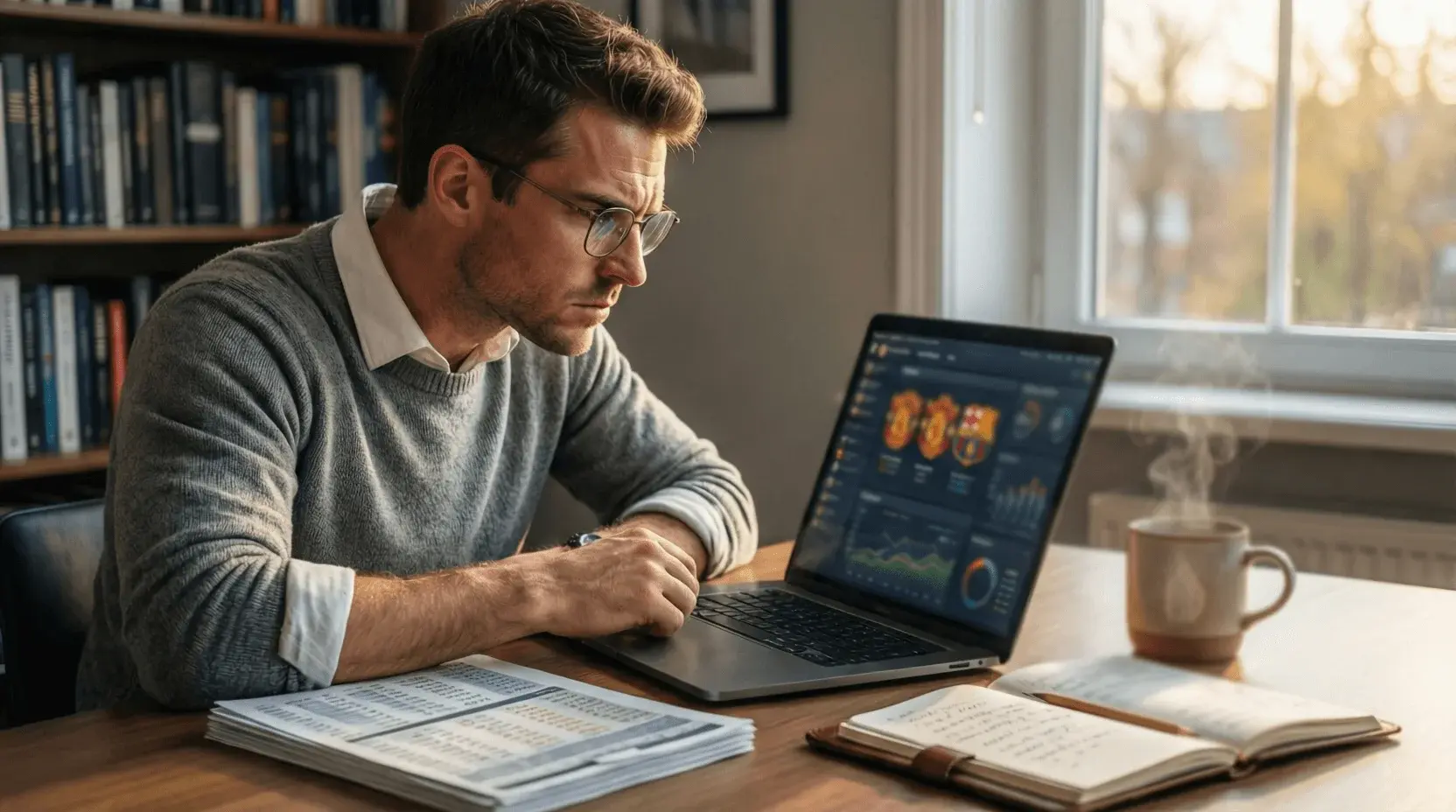 Person analysiert Fußballstatistiken am Laptop