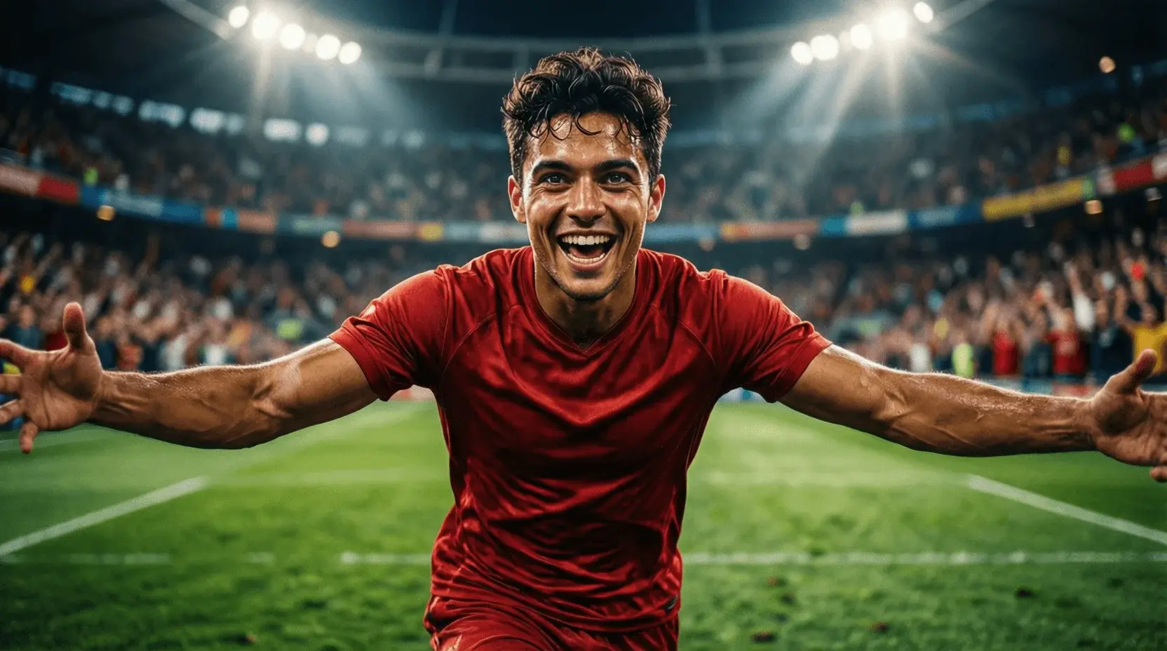 Fußballspieler jubelt nach Tor im Stadion