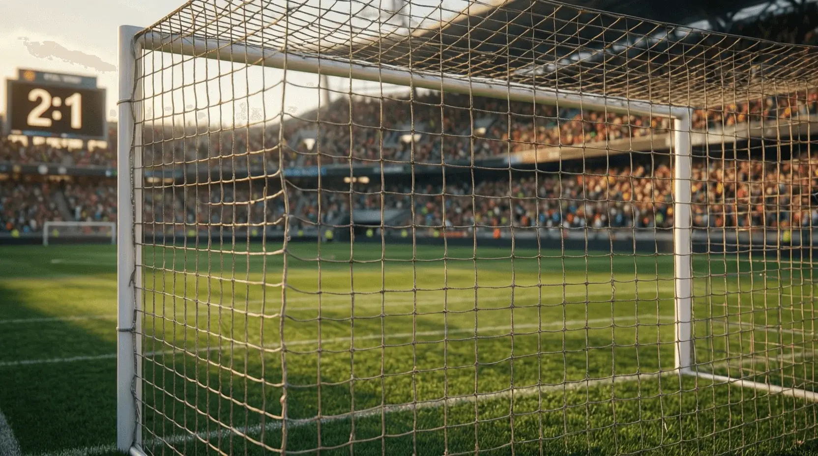 Fußballtor mit Anzeigetafel und Torstatistiken