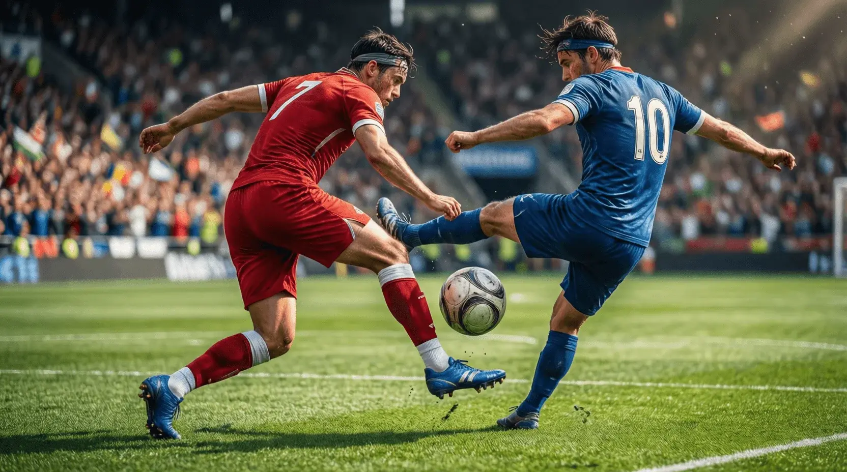 Fußballspieler im Zweikampf auf grünem Rasen während eines Spiels