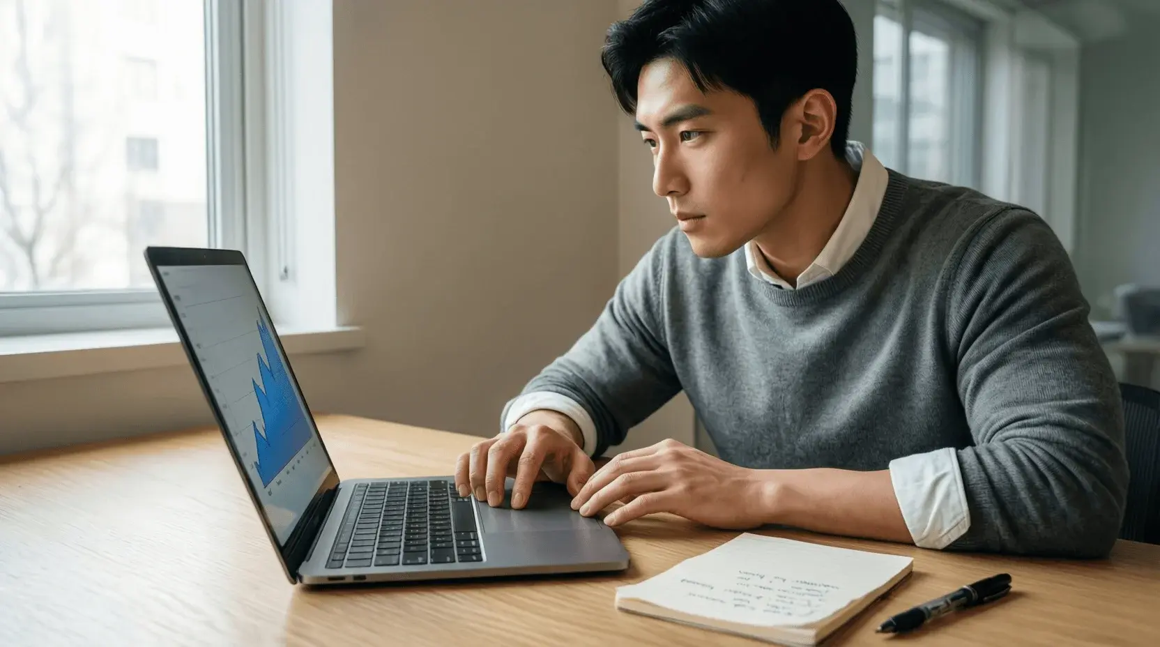 Person analysiert Sportwetten-Statistiken auf einem Laptop mit Notizblock