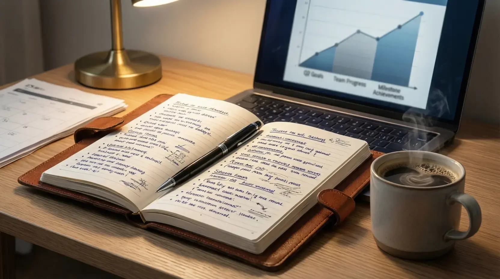 Strategische Planung mit Notizbuch, Stift und Laptop auf Schreibtisch